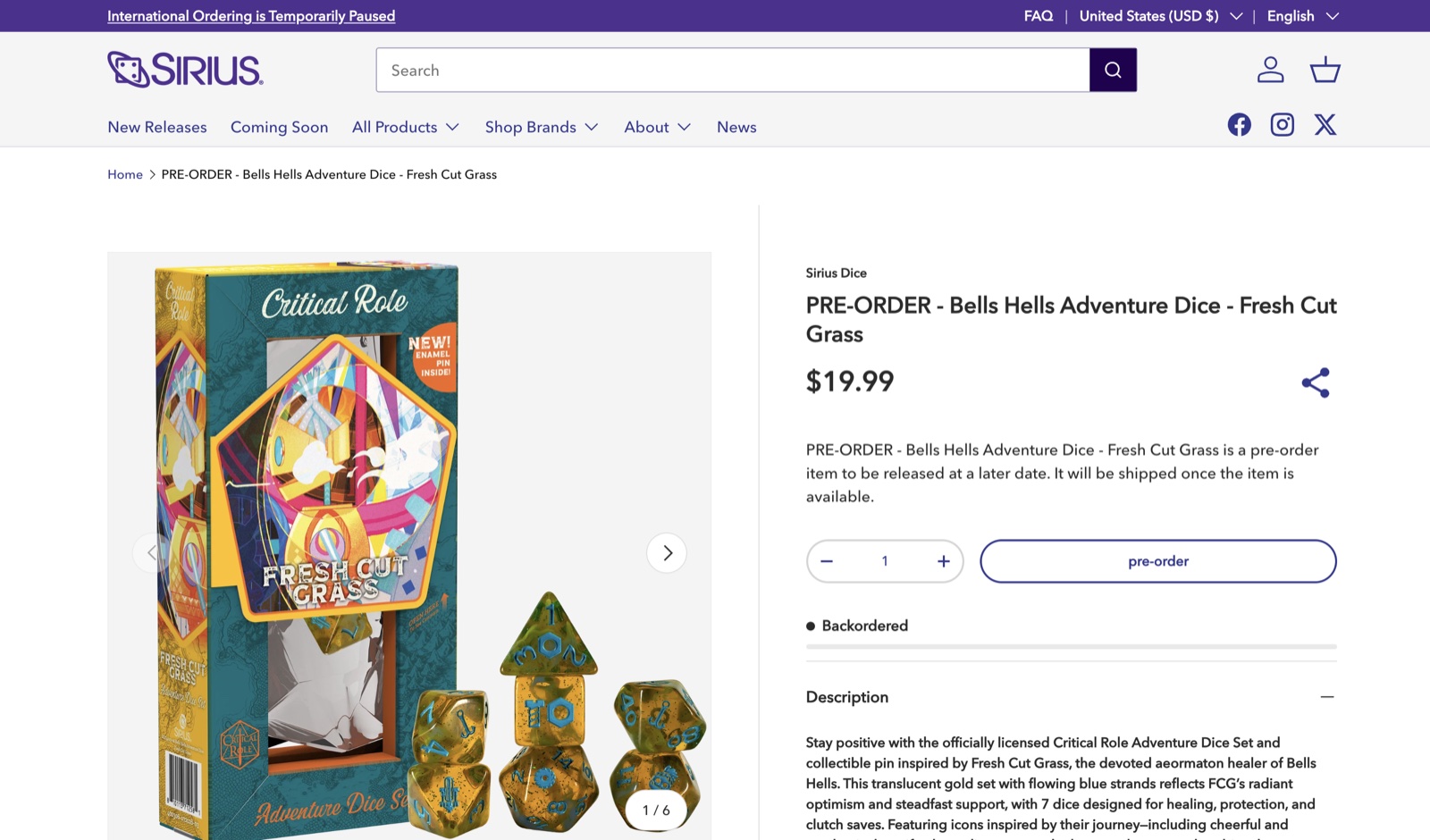 Sirius Dice product page with a pre-order button and a Backordered status shown underneath it