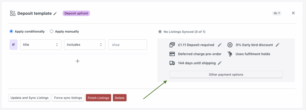 "Other payment options" on the templates screen