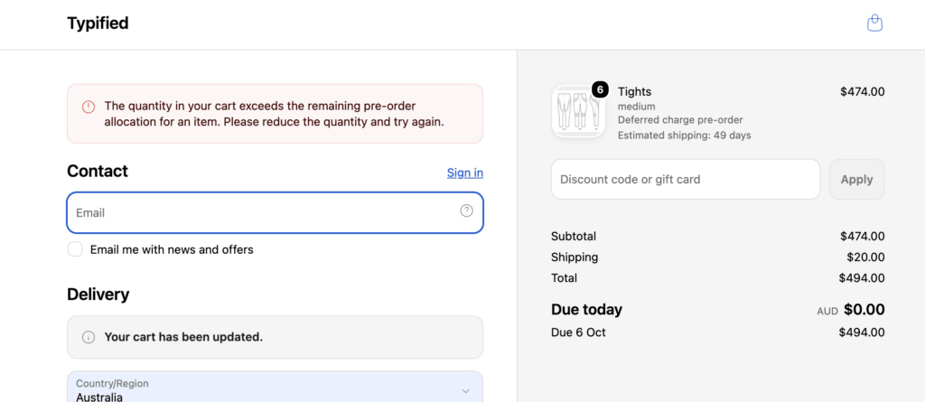 pre-order max limits error message