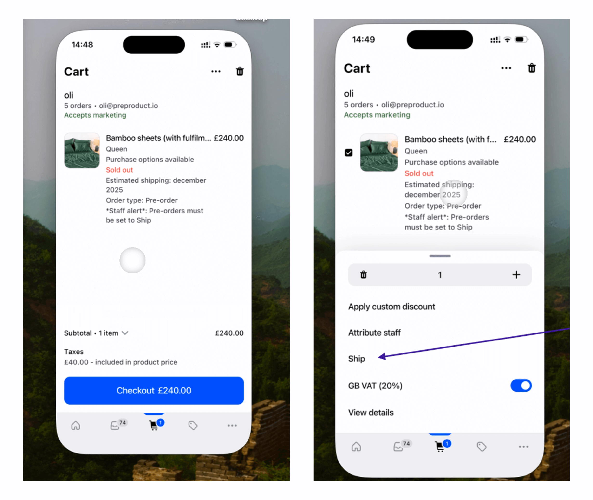 Staff alert to ship, click the line-item to show the Ship option