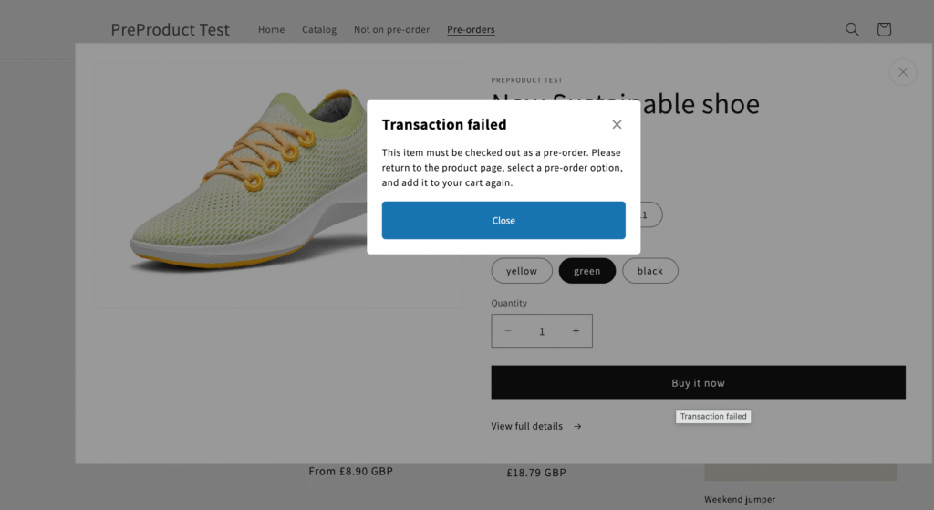 Pop-up validation error example