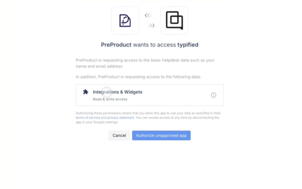 Approve Gorgias PreProduct Oauth