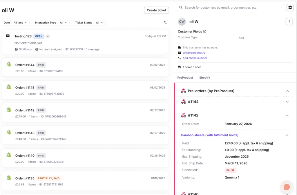 Pre-orders widget showing in Gorgias Customers screen