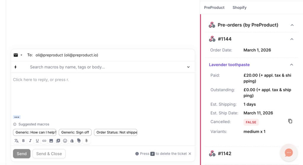 Pre-orders widget showing in Gorgias Ticket screen