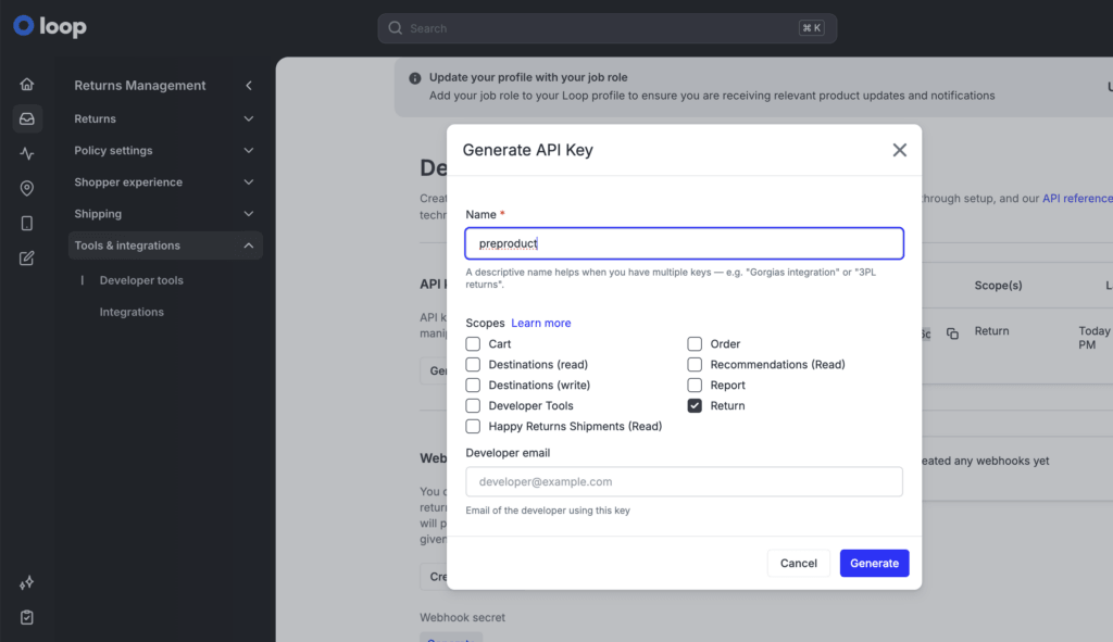 Generating a Loop Returns API key