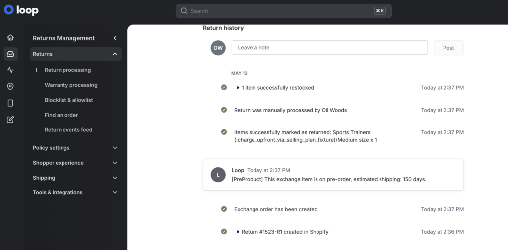 Loop return pre-order note