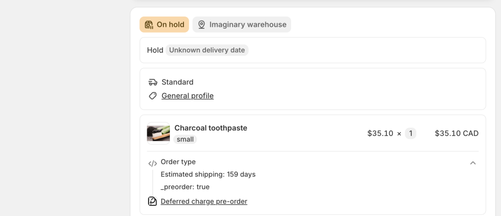A pre-order line item in the Shopify admin showing the hidden _preorder: true property