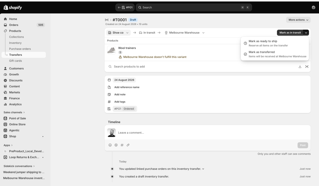 Shopify transfer marked as in transit, registering incoming stock