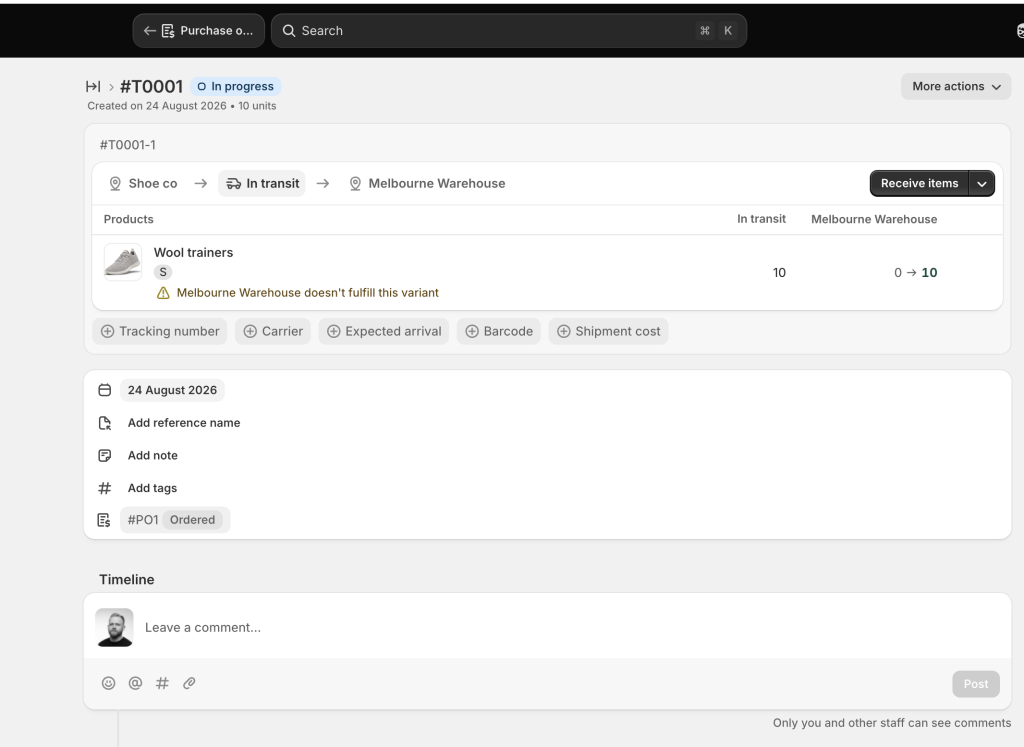 Receiving items on a Shopify transfer, including the warning shown when a variant is not stocked at the location