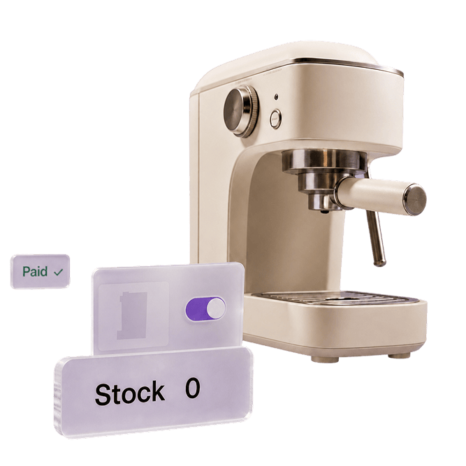 A cream espresso machine beside three glass panels: a green Paid tick, an automation toggle switched on and a plaque reading Stock 0