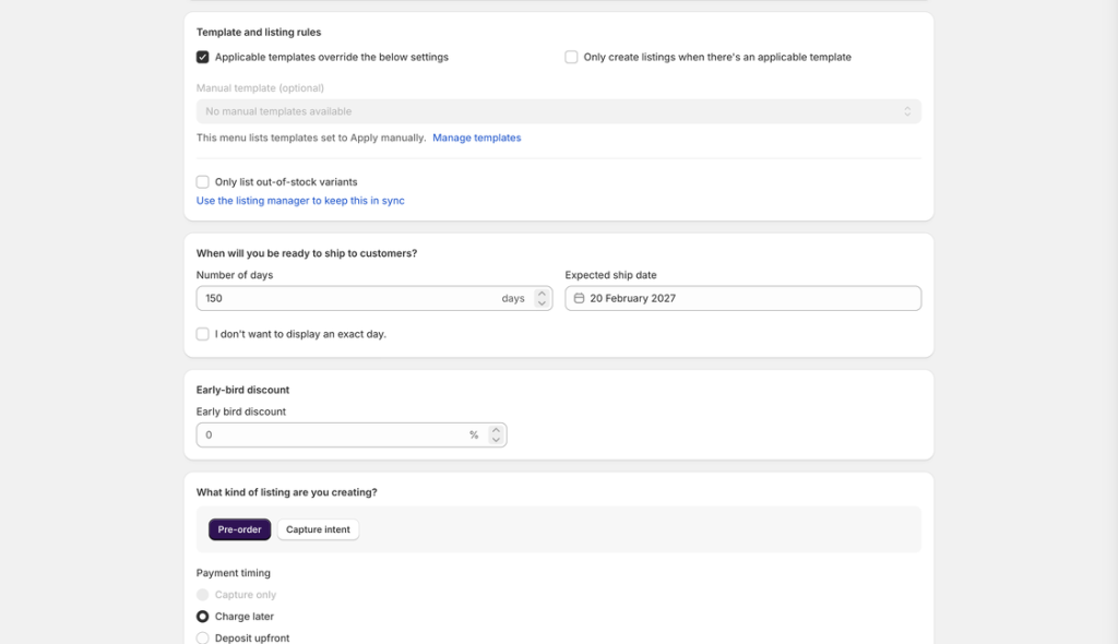 Pre-order configuration options for a bulk listing