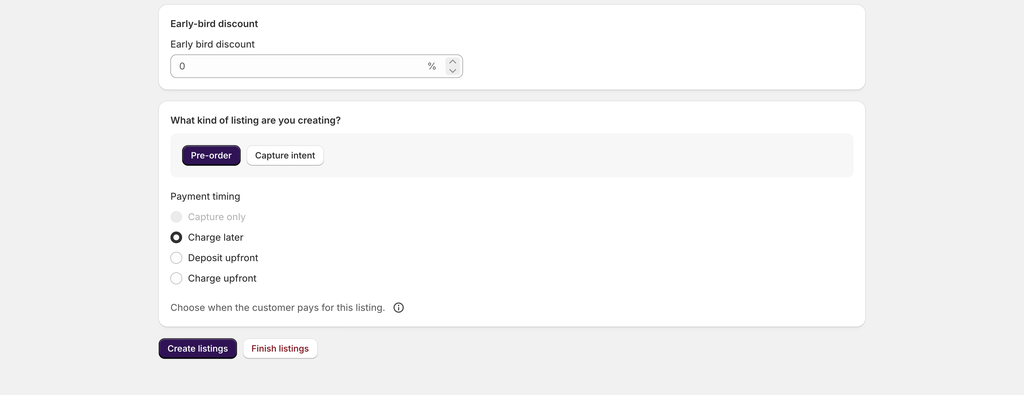 The Create listings and Finish listings buttons