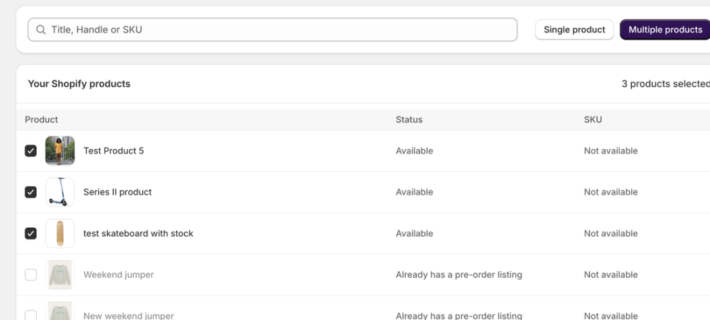Selecting several products to list at once