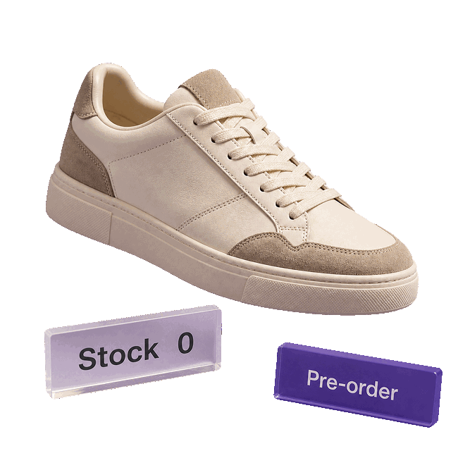 A cream leather trainer above two glass plaques, one reading Stock 0 and the other, in purple, reading Pre-order
