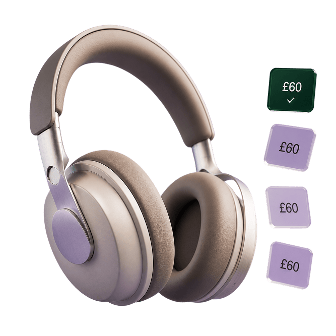 A pair of headphones beside a four-part payment schedule, the first &pound;60 instalment ticked off as paid and the other three still to come