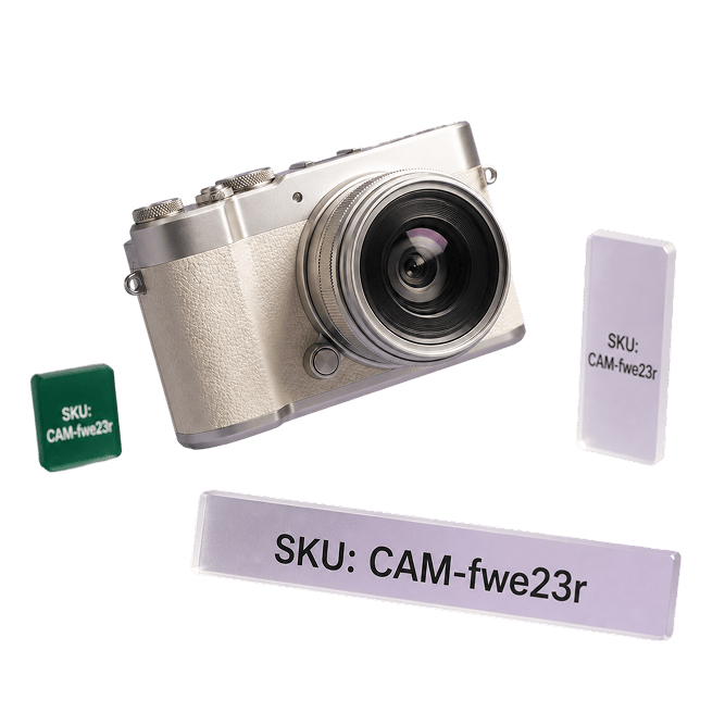 A camera surrounded by four differently shaped and coloured labels, every one of them reading the same SKU, CAM-fwe23r