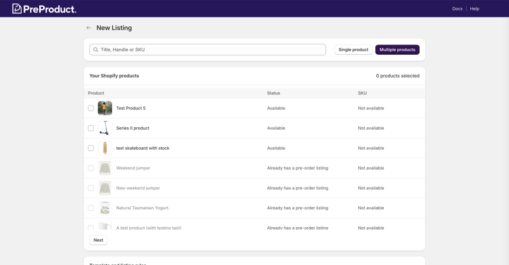 The New Listing screen with the Multiple products tab selected