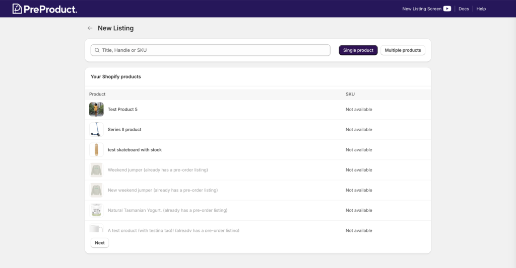 The New Listing screen on the Single product tab