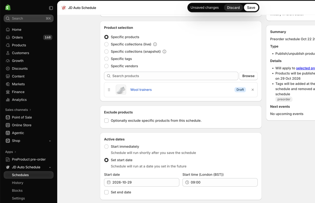 Selecting products and the launch date in JD Auto Schedule