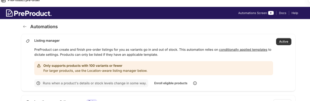 Listing manager automation activated in PreProduct