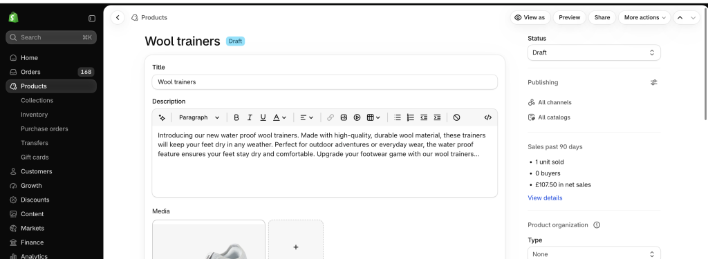Product status set to draft in Shopify