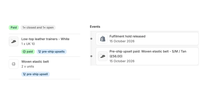PreProduct order drawer with pre-ship upsell badges on the order lines and a Pre-ship upsell paid event