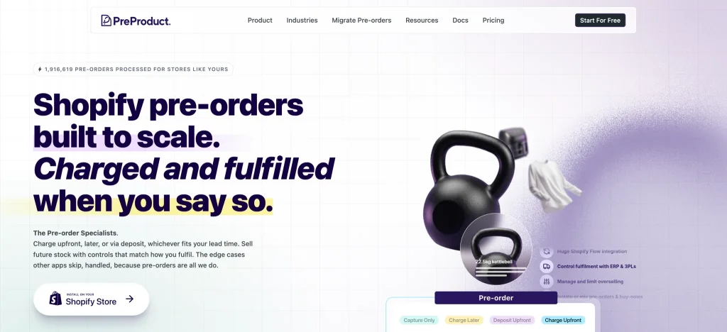 PreProduct homepage: Shopify pre-orders built to scale, charged and fulfilled when you say so