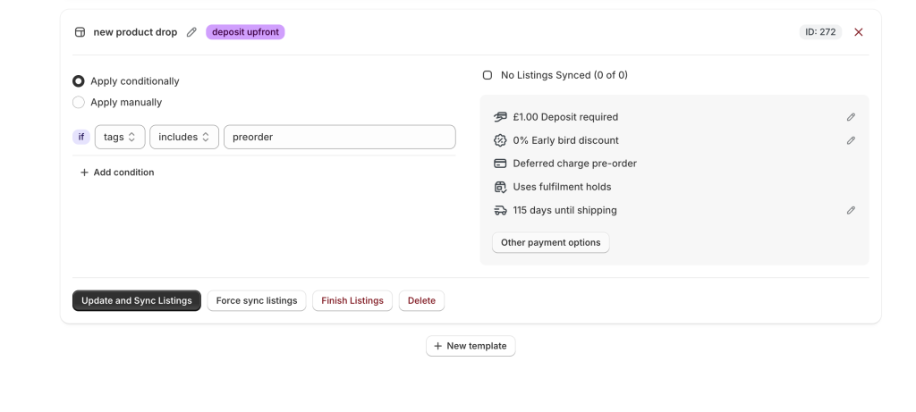 PreProduct template with a tag condition of preorder