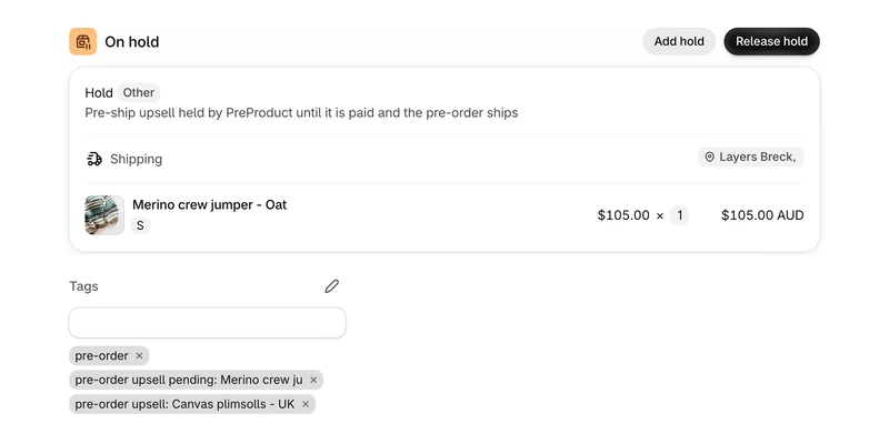 Shopify admin order with the upsell line held by PreProduct until paid and the pre-order upsell pending tag
