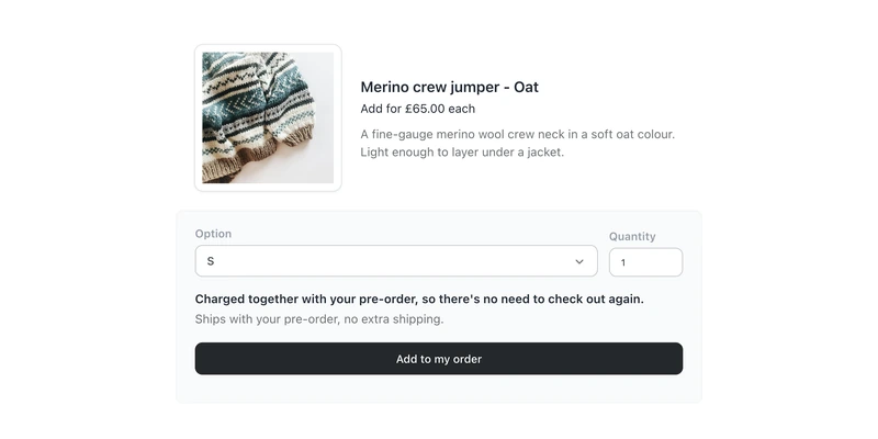 Customer portal upsell confirm page with option picker, quantity and price, charged together with the pre-order