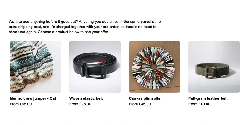 Pre-ship upsell email offer paragraph with four recommended product cards showing image, title and from price
