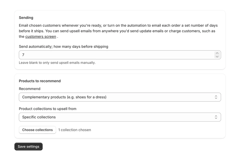 Pre-ship upsell settings: days before shipping, recommendation style and specific collections