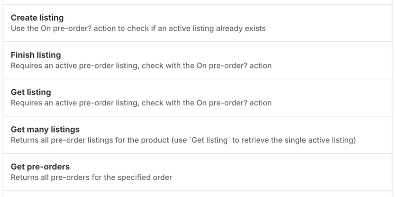 PreProduct's action list inside Shopify Flow: create listing, finish listing, get listing, get many listings and get pre-orders, each with the helper text saying what it needs to run.