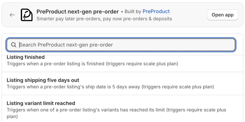 PreProduct's trigger list inside Shopify Flow, headed PreProduct next-gen pre-order and built by PreProduct, showing listing finished, listing shipping five days out and listing variant limit reached among its pre-order triggers.