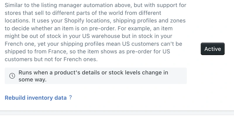 PreProduct's location-aware listing manager, marked Active, explaining that Shopify locations, shipping profiles and zones decide whether an item is on pre-order, with a worked example of stock being out in a US warehouse but in stock in France.