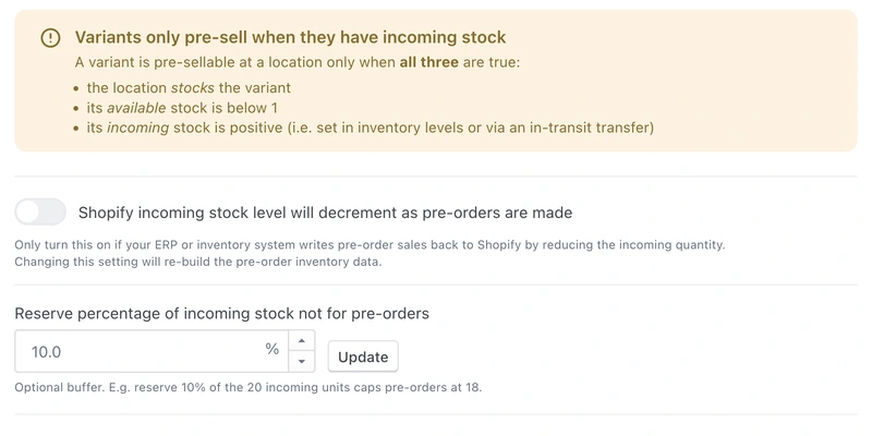 PreProduct's location-aware listing manager with max limits, its ERP incoming-stock toggle above a reserve percentage field set to 10%.