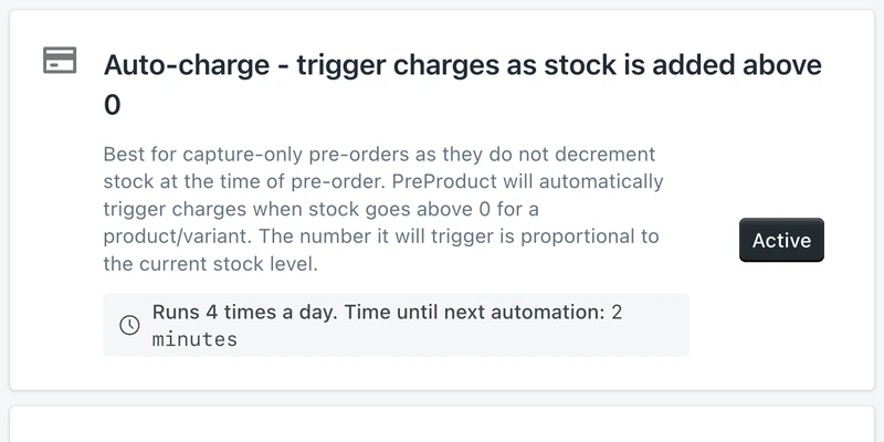 PreProduct's auto-charge above zero automation, above its note that it suits capture-only pre-orders because they do not decrement stock at the time of pre-order.