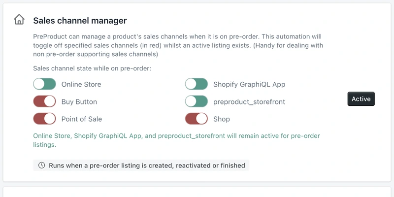 PreProduct's sales channel manager automation marked Active, with three Shopify sales channels toggled red to switch off while a pre-order listing is live and three left green to stay on.