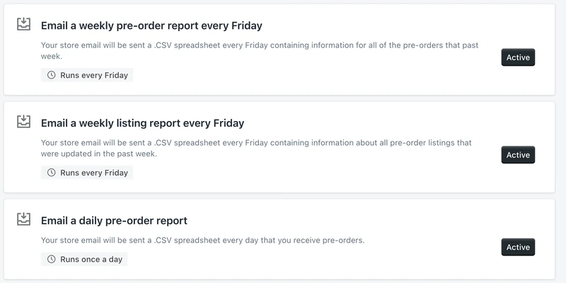 PreProduct's weekly pre-order report, weekly listing report and daily pre-order report automations stacked, each marked Active beside its own schedule of every Friday, every Friday and once a day.
