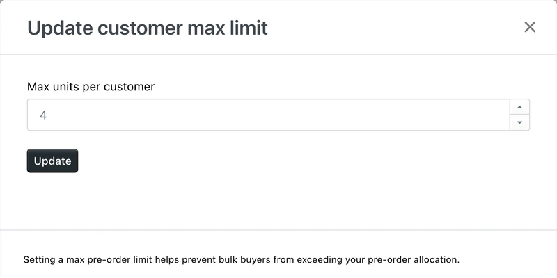 PreProduct's Update customer max limit pop-up, its max units per customer field set to 4, above the note that a max pre-order limit helps prevent bulk buyers exceeding your pre-order allocation.