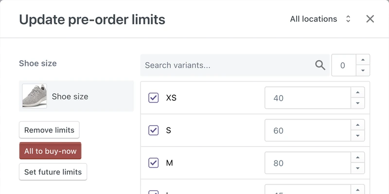 PreProduct's Update pre-order limits pop-up on a shoe listing, its shoe-size variants each carrying their own editable maximum, with an all-locations selector above and buttons to remove limits, send everything to buy-now or set future limits.