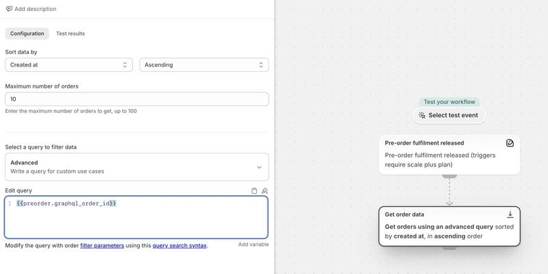 A Shopify Flow workflow whose trigger is PreProduct's pre-order fulfilment released, feeding a Get order data action, with the action's configuration panel open on a query built from PreProduct's own preorder order-id variable.