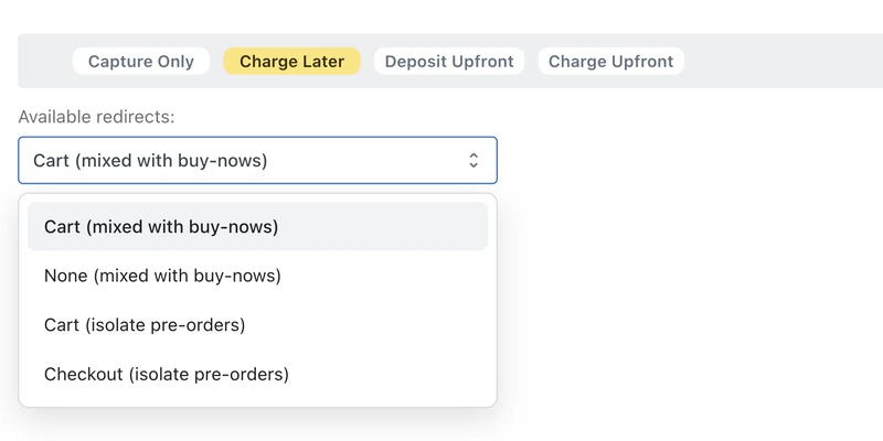 PreProduct's Available redirects selector open on its four options: cart mixed with buy-nows, none, cart isolating pre-orders, and checkout isolating pre-orders.