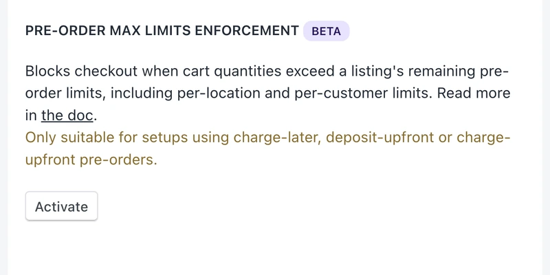 The pre-order max limits enforcement rule on PreProduct's checkout validation card, marked beta, with its Activate button.