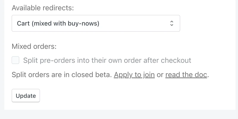 PreProduct's mixed orders setting, offering to split pre-orders into their own order after checkout, with its closed-beta note underneath.