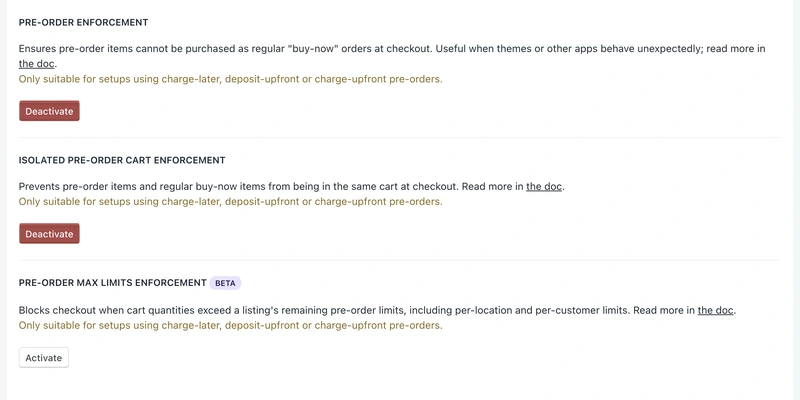 PreProduct's Shopify checkout validation card, listing pre-order enforcement, isolated pre-order cart enforcement and max limits enforcement, the first two activated.