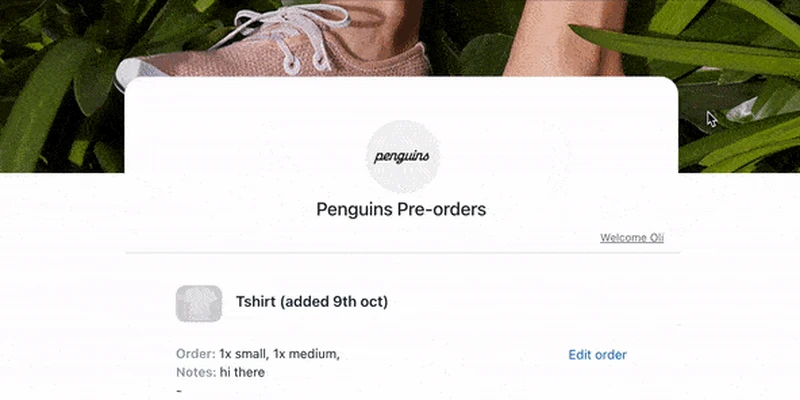 The PreProduct customer portal served on a store&rsquo;s own domain, carrying that store&rsquo;s logo and name above the customer&rsquo;s pre-order cards, each listing the order, the notes and an Edit order link.