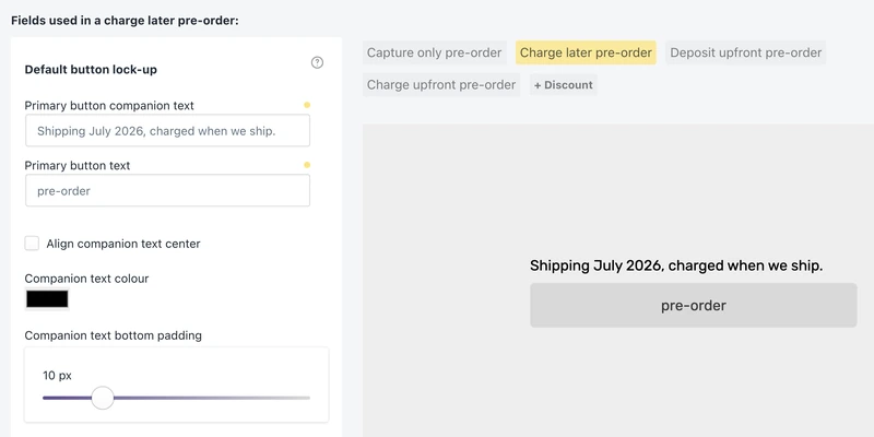 PreProduct&rsquo;s Front-end Wording screen, headed &ldquo;Fields used in a charge later pre-order&rdquo;: the editable wording fields down the left, the four pre-order type badges with Charge later pre-order lit in yellow and a + Discount badge beside them, and a live preview showing the companion text above the pre-order button.
