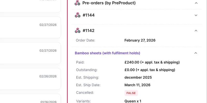 The Pre-orders by PreProduct widget open beside a customer&rsquo;s Gorgias ticket list, listing that pre-order&rsquo;s order date, the amounts paid and outstanding, the shipping statement, the estimated ship date and the variant ordered.
