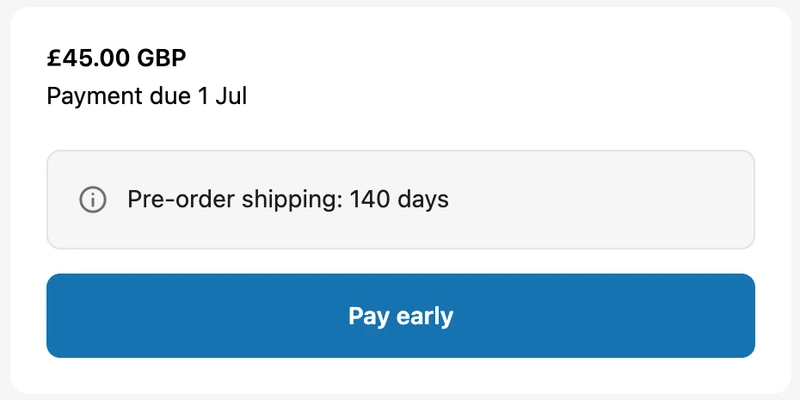 A Shopify order status page payment card: the amount due and payment date, then a grey PreProduct notice reading &ldquo;Pre-order shipping: 140 days&rdquo; above a Pay early button.